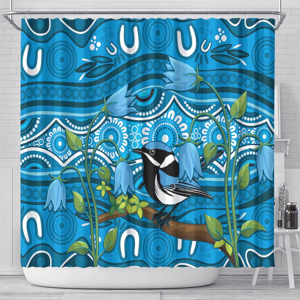 Australia Bluebell Creeper With Superb Blue Wren Shower Curtain Aboriginal Art