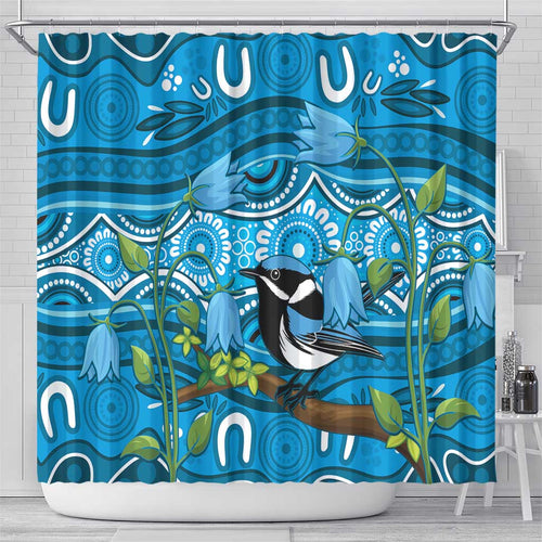 Australia Bluebell Creeper With Superb Blue Wren Shower Curtain Aboriginal Art