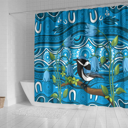 Australia Bluebell Creeper With Superb Blue Wren Shower Curtain Aboriginal Art