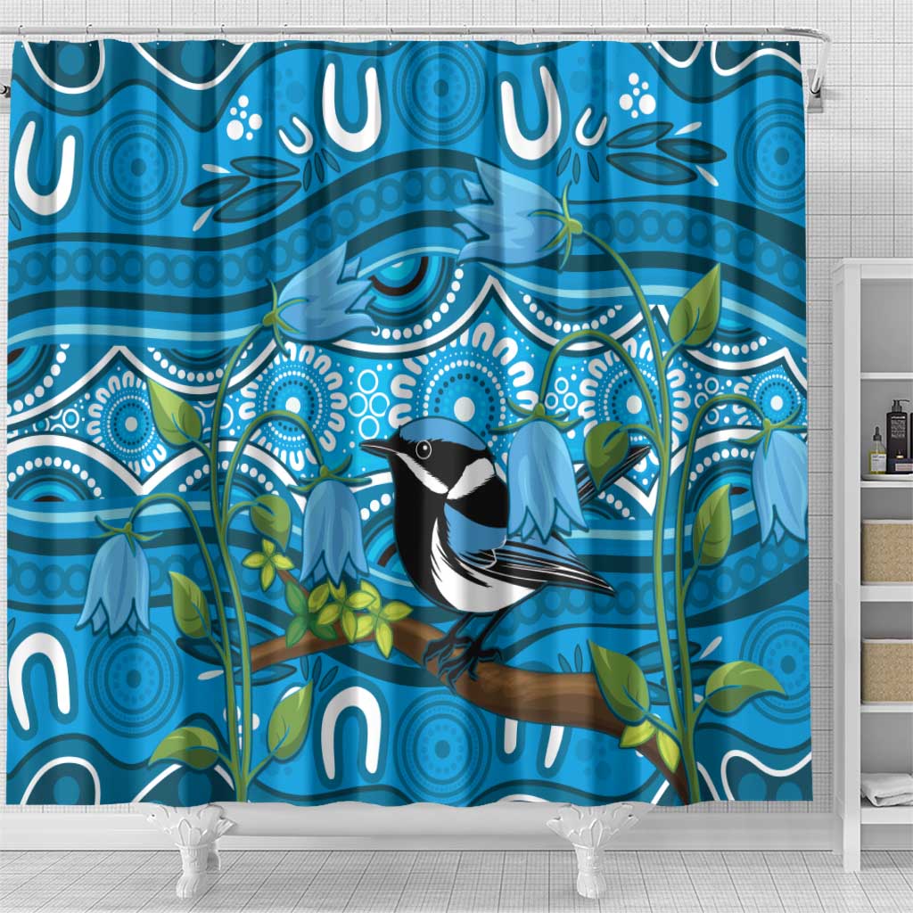 Australia Bluebell Creeper With Superb Blue Wren Shower Curtain Aboriginal Art