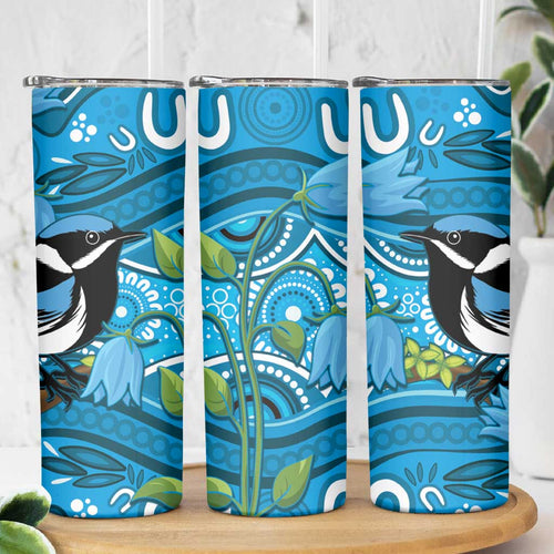 Australia Bluebell Creeper With Superb Blue Wren Skinny Tumbler Aboriginal Art