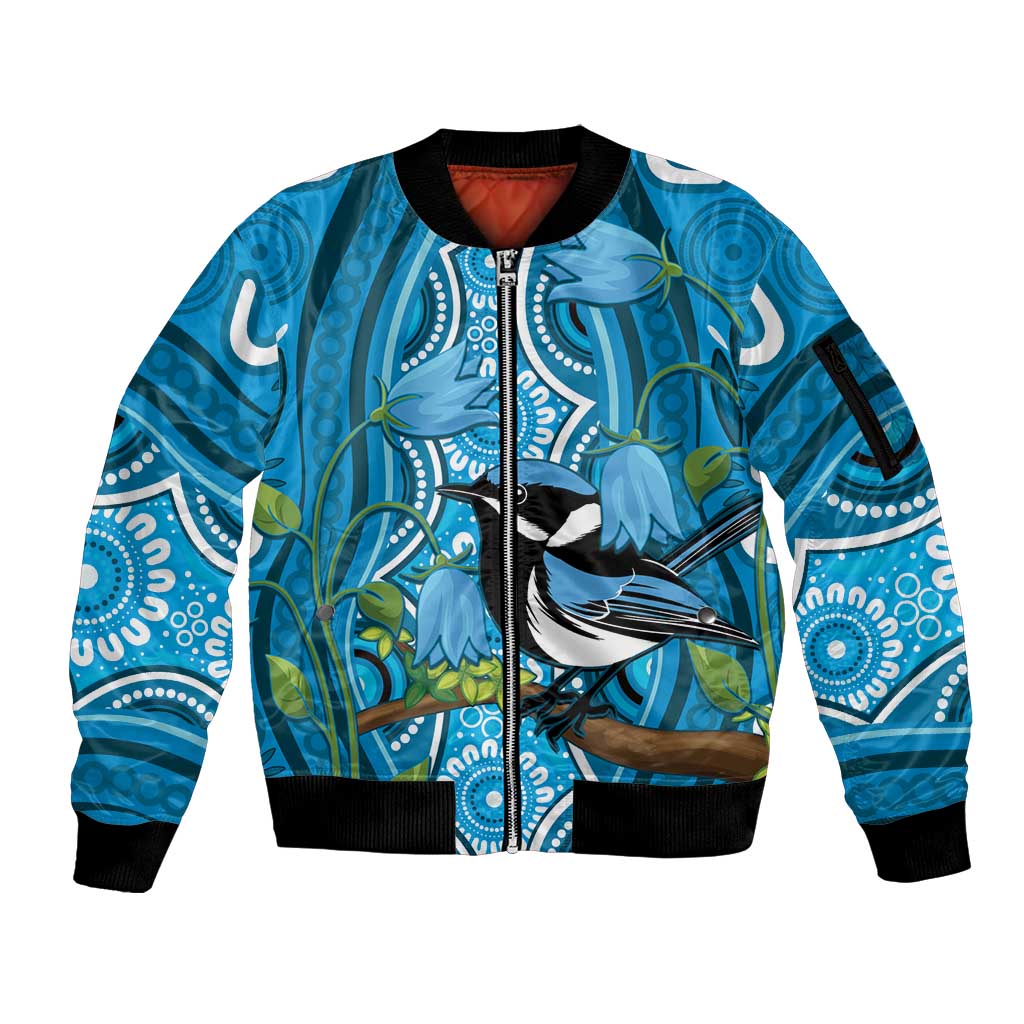 Australia Bluebell Creeper With Superb Blue Wren Sleeve Zip Bomber Jacket Aboriginal Art