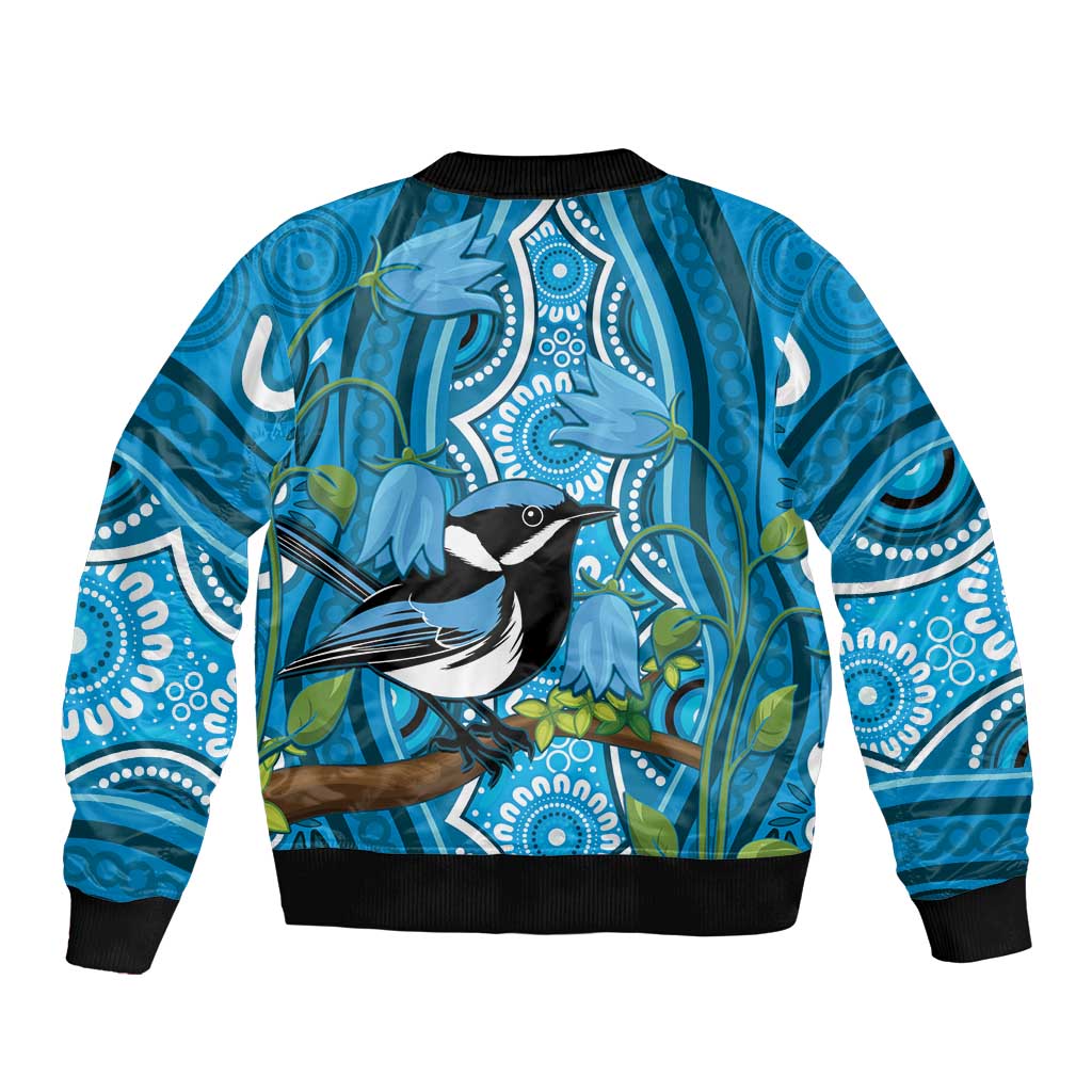 Australia Bluebell Creeper With Superb Blue Wren Sleeve Zip Bomber Jacket Aboriginal Art