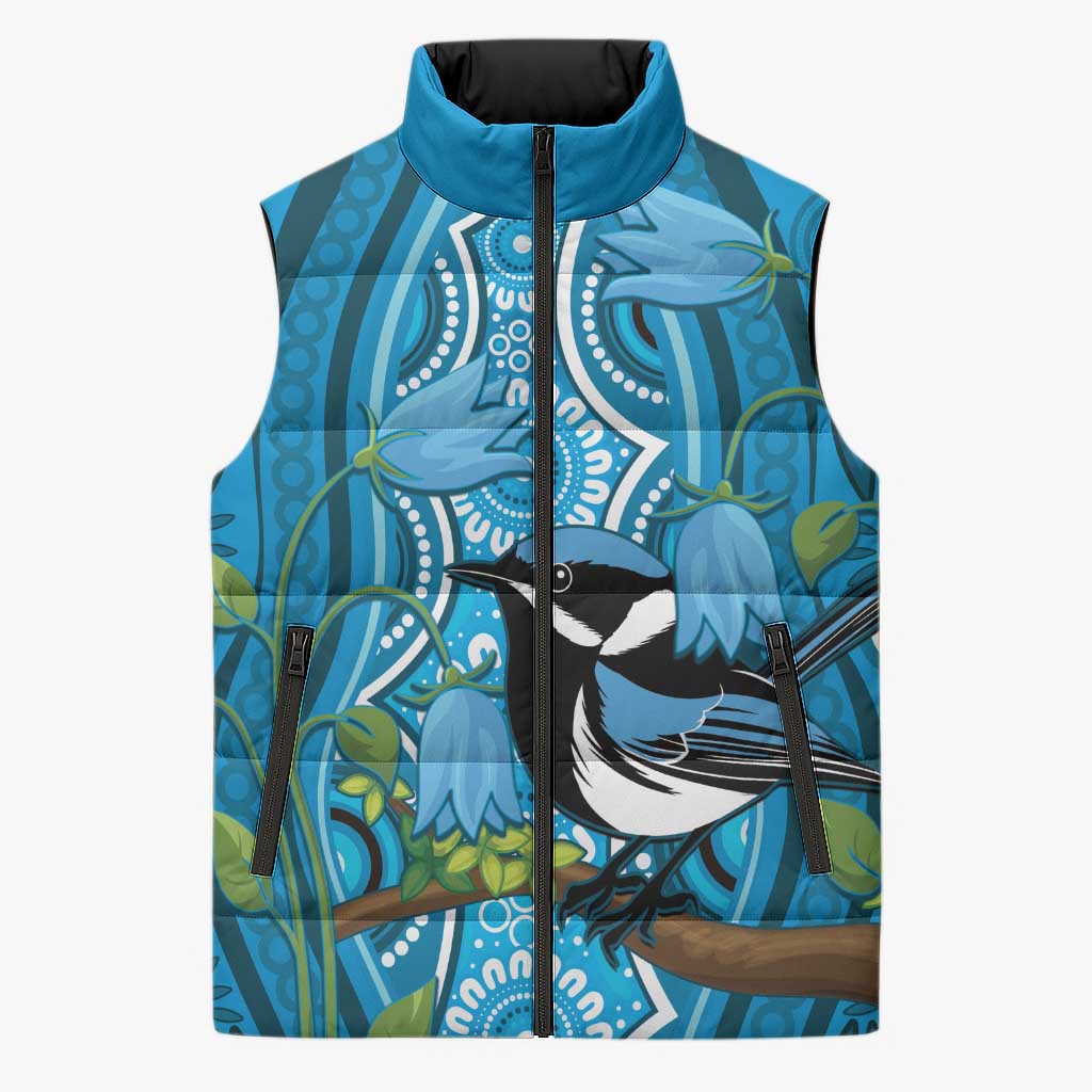 Australia Bluebell Creeper With Superb Blue Wren Sleeveless Puffer Jacket Aboriginal Art - Aussie Hoodie