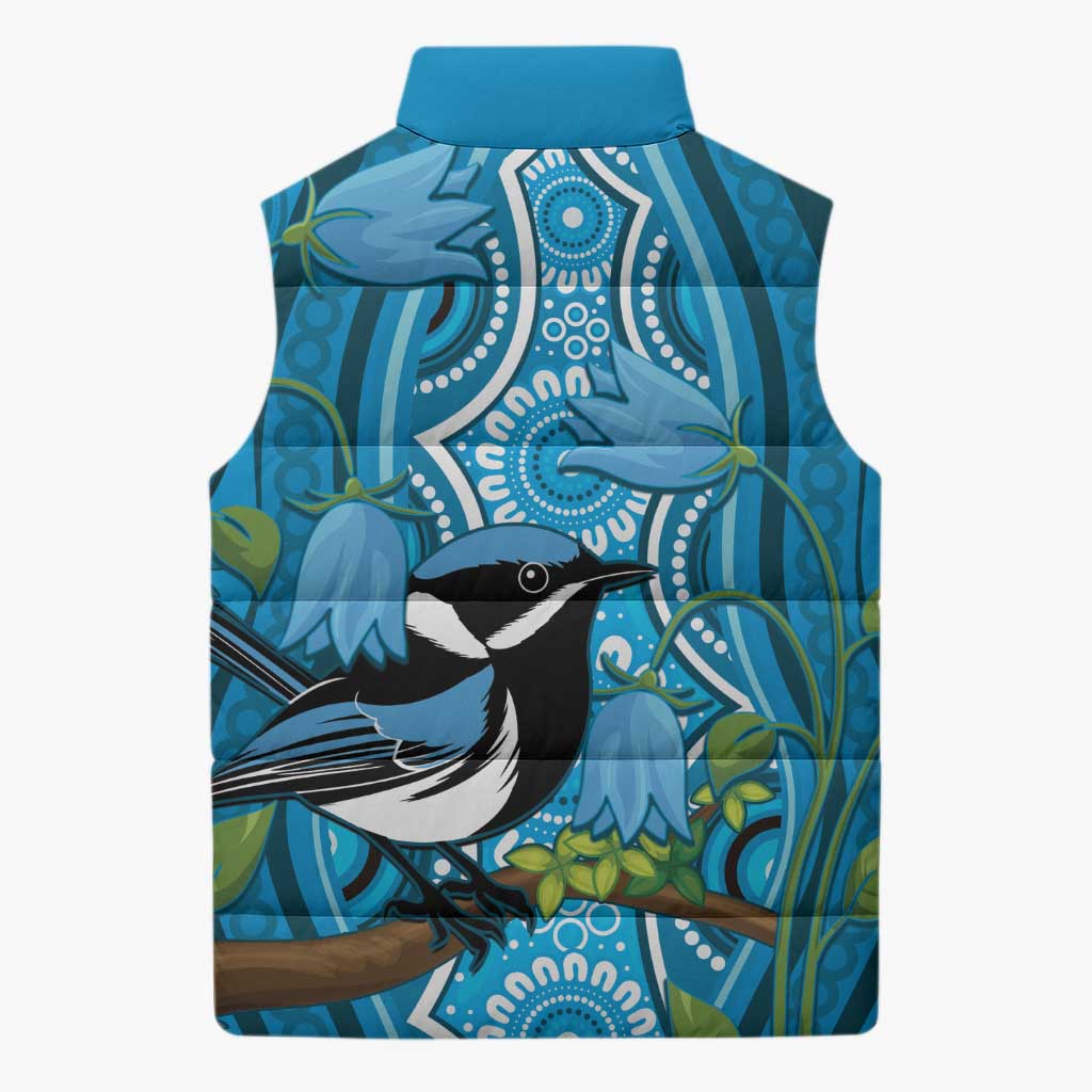 Australia Bluebell Creeper With Superb Blue Wren Sleeveless Puffer Jacket Aboriginal Art - Aussie Hoodie