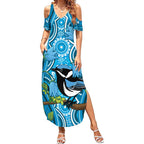 Australia Bluebell Creeper With Superb Blue Wren Summer Maxi Dress Aboriginal Art