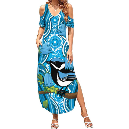 Australia Bluebell Creeper With Superb Blue Wren Summer Maxi Dress Aboriginal Art
