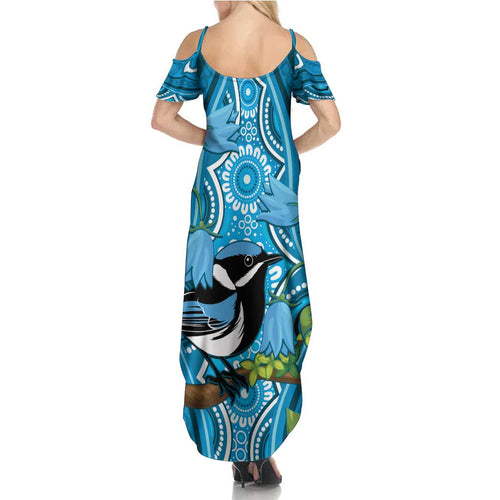 Australia Bluebell Creeper With Superb Blue Wren Summer Maxi Dress Aboriginal Art