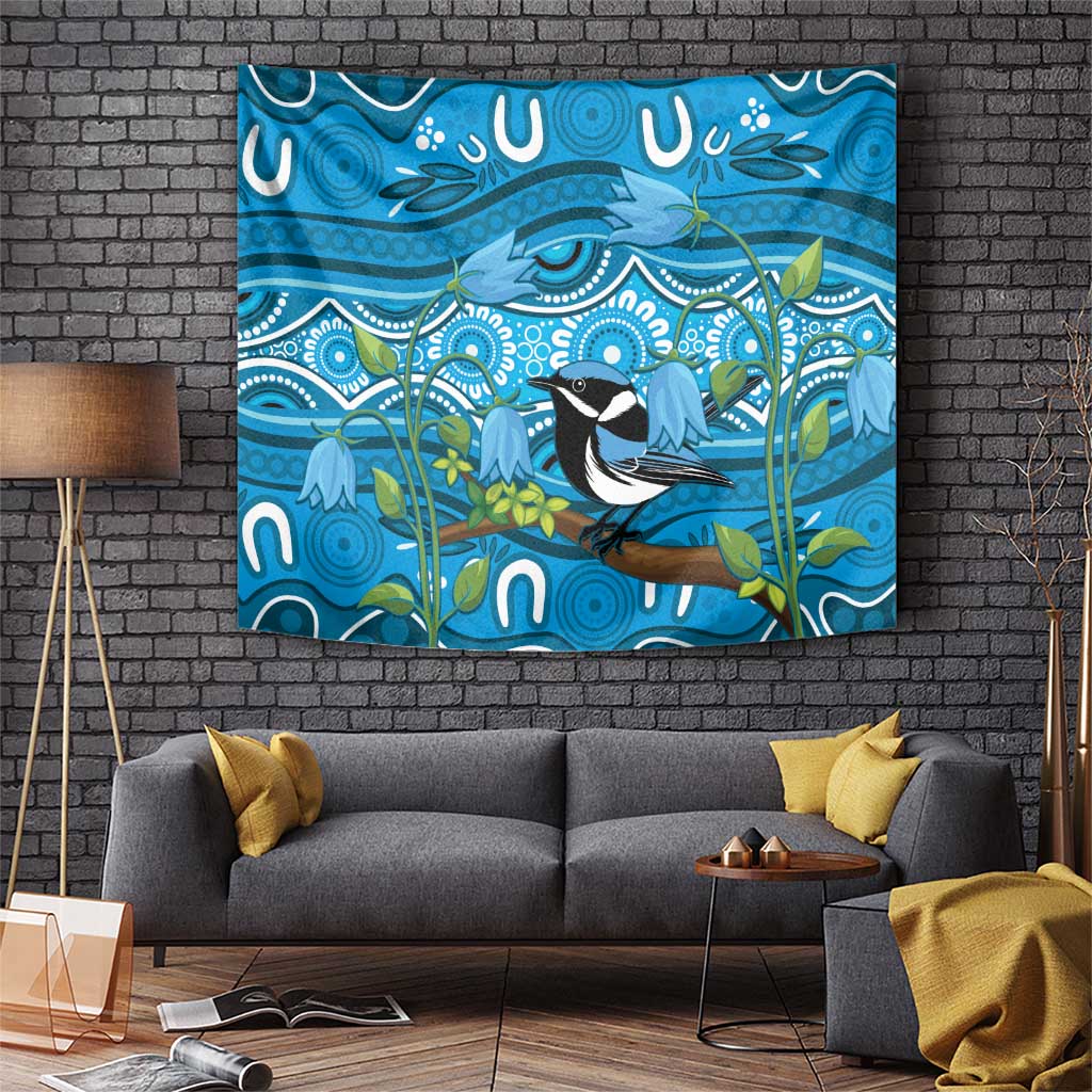 Australia Bluebell Creeper With Superb Blue Wren Tapestry Aboriginal Art