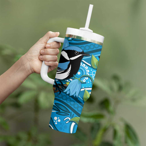 Australia Bluebell Creeper With Superb Blue Wren Tumbler With Handle Aboriginal Art