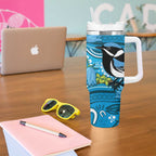 Australia Bluebell Creeper With Superb Blue Wren Tumbler With Handle Aboriginal Art