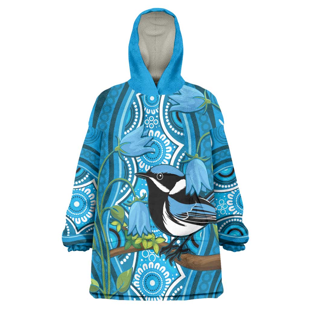 Australia Bluebell Creeper With Superb Blue Wren Wearable Blanket Hoodie Aboriginal Art