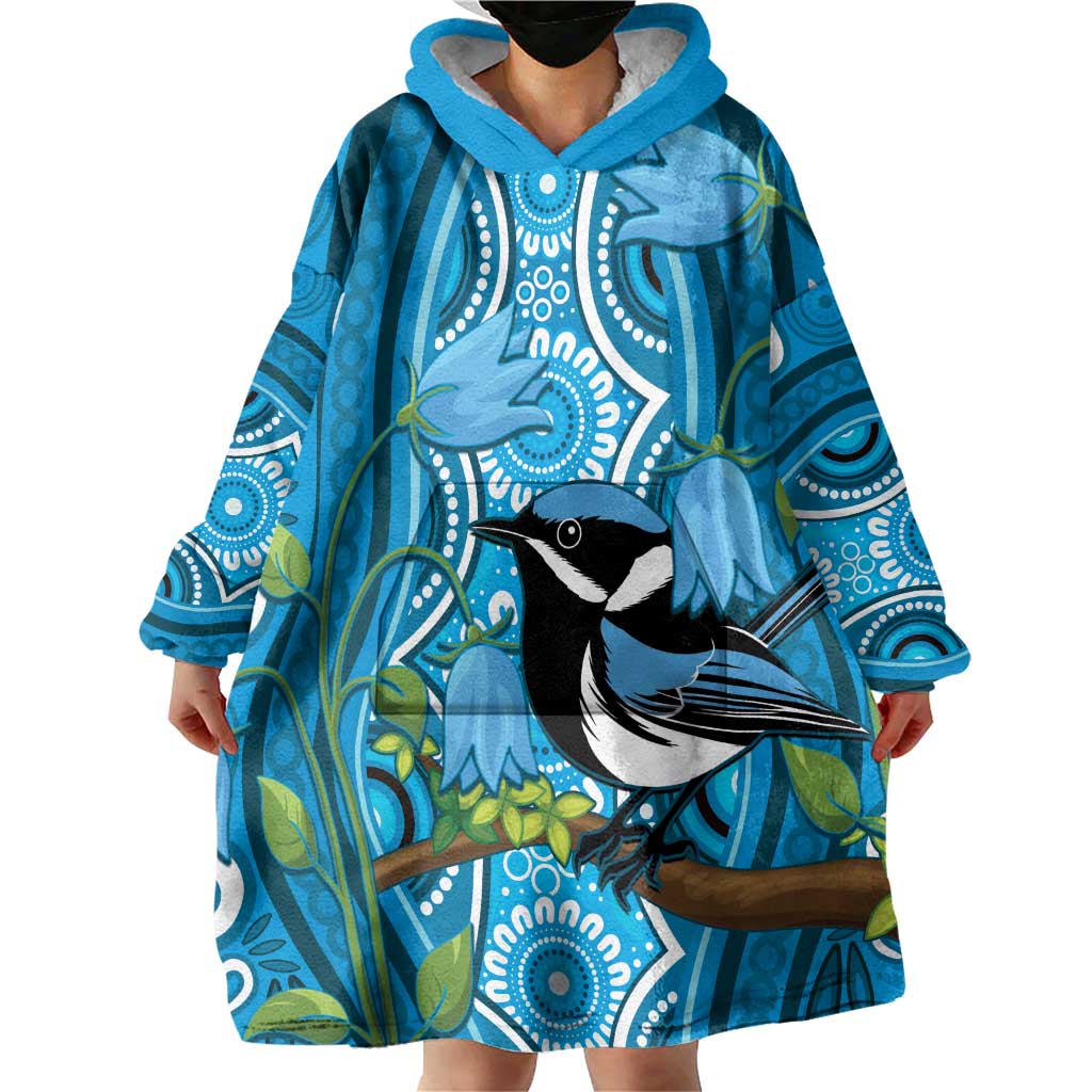 Australia Bluebell Creeper With Superb Blue Wren Wearable Blanket Hoodie Aboriginal Art