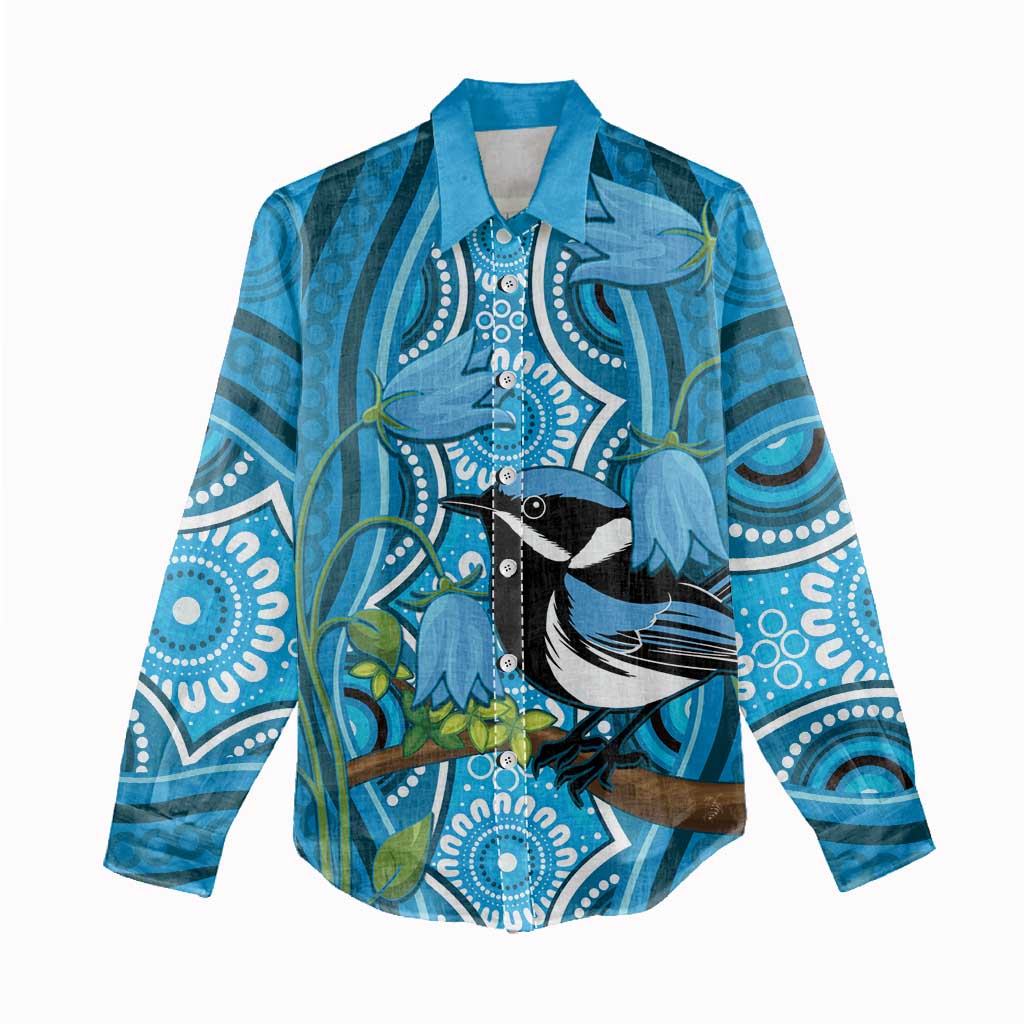 Australia Bluebell Creeper With Superb Blue Wren Women Casual Shirt Aboriginal Art