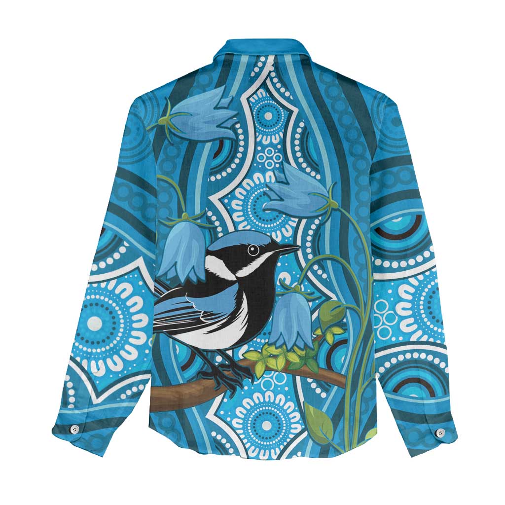 Australia Bluebell Creeper With Superb Blue Wren Women Casual Shirt Aboriginal Art