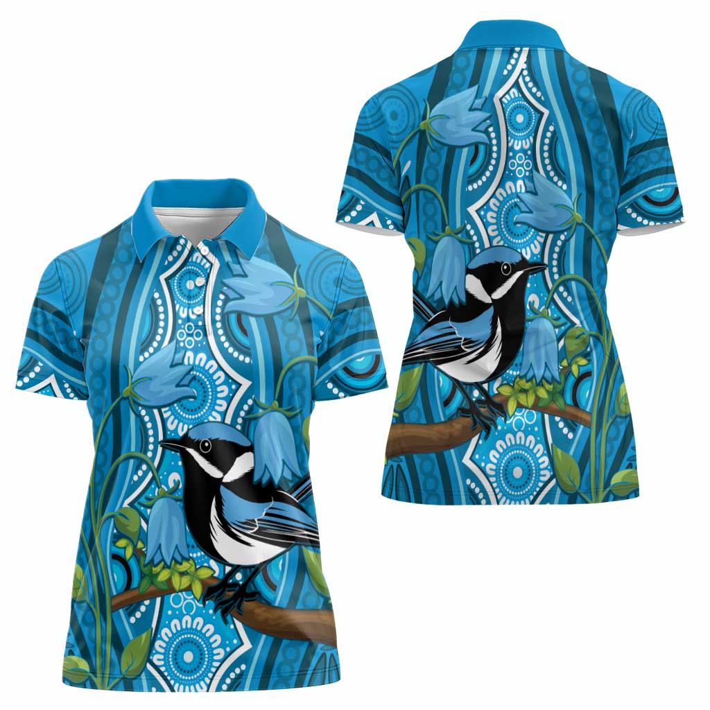 Australia Bluebell Creeper With Superb Blue Wren Women Polo Shirt Aboriginal Art