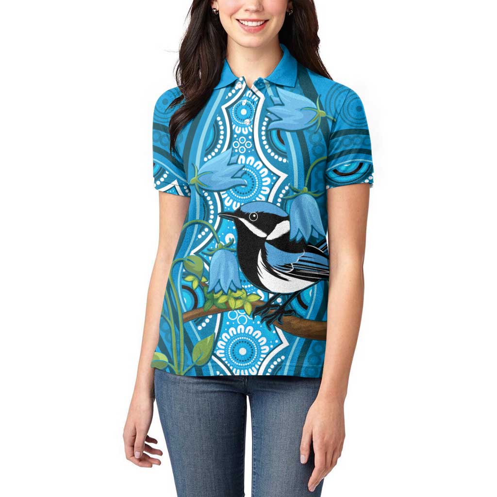 Australia Bluebell Creeper With Superb Blue Wren Women Polo Shirt Aboriginal Art