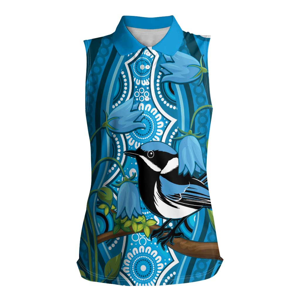 Australia Bluebell Creeper With Superb Blue Wren Women Sleeveless Polo Shirt Aboriginal Art