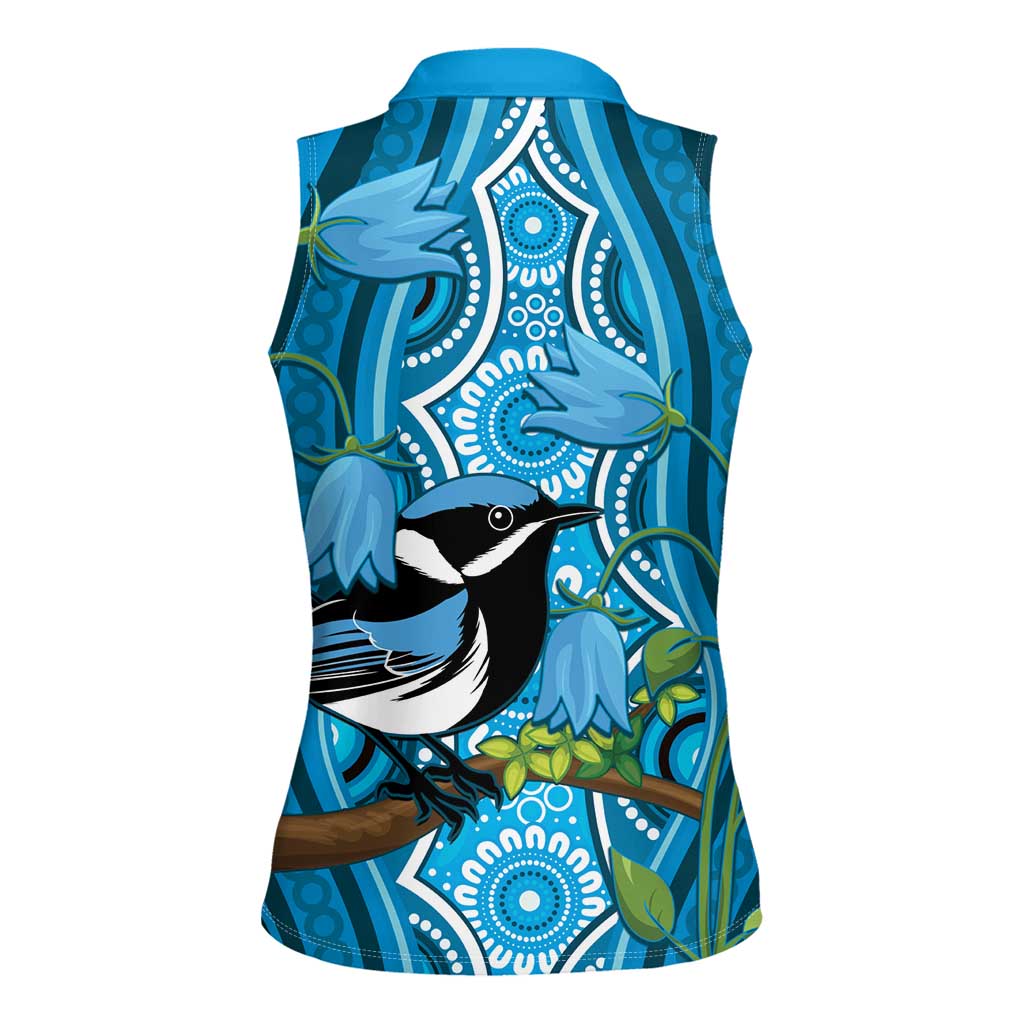 Australia Bluebell Creeper With Superb Blue Wren Women Sleeveless Polo Shirt Aboriginal Art