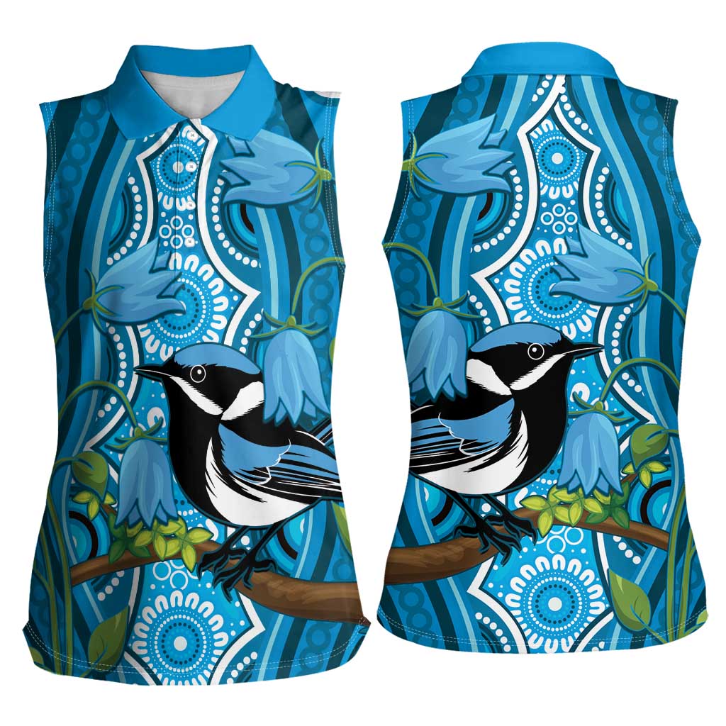 Australia Bluebell Creeper With Superb Blue Wren Women Sleeveless Polo Shirt Aboriginal Art