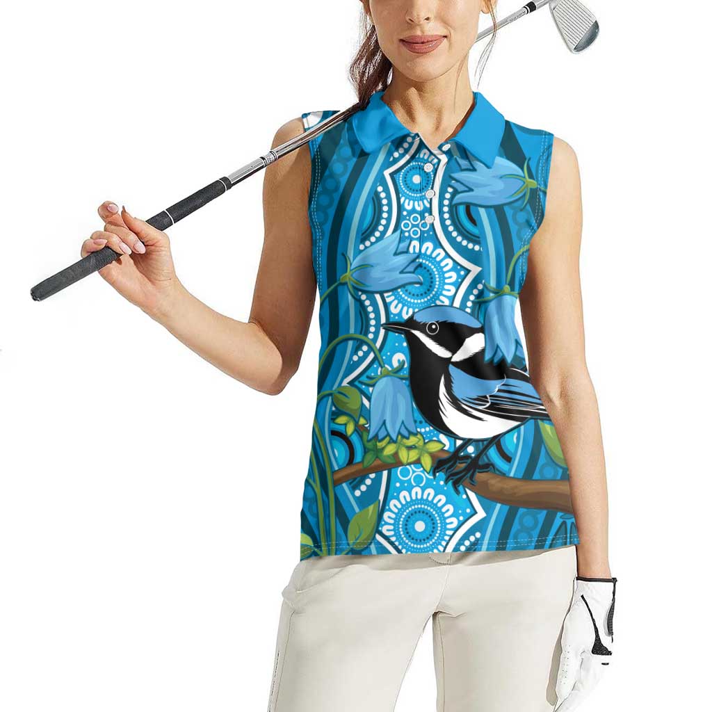 Australia Bluebell Creeper With Superb Blue Wren Women Sleeveless Polo Shirt Aboriginal Art