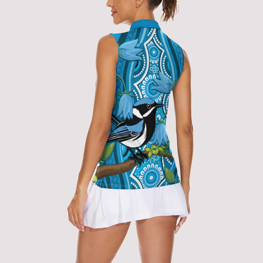 Australia Bluebell Creeper With Superb Blue Wren Women Sleeveless Polo Shirt Aboriginal Art