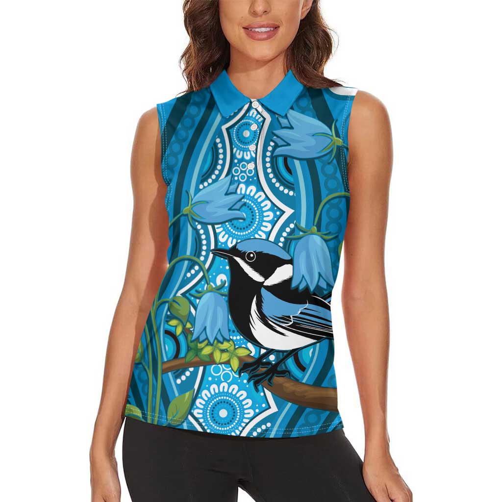 Australia Bluebell Creeper With Superb Blue Wren Women Sleeveless Polo Shirt Aboriginal Art