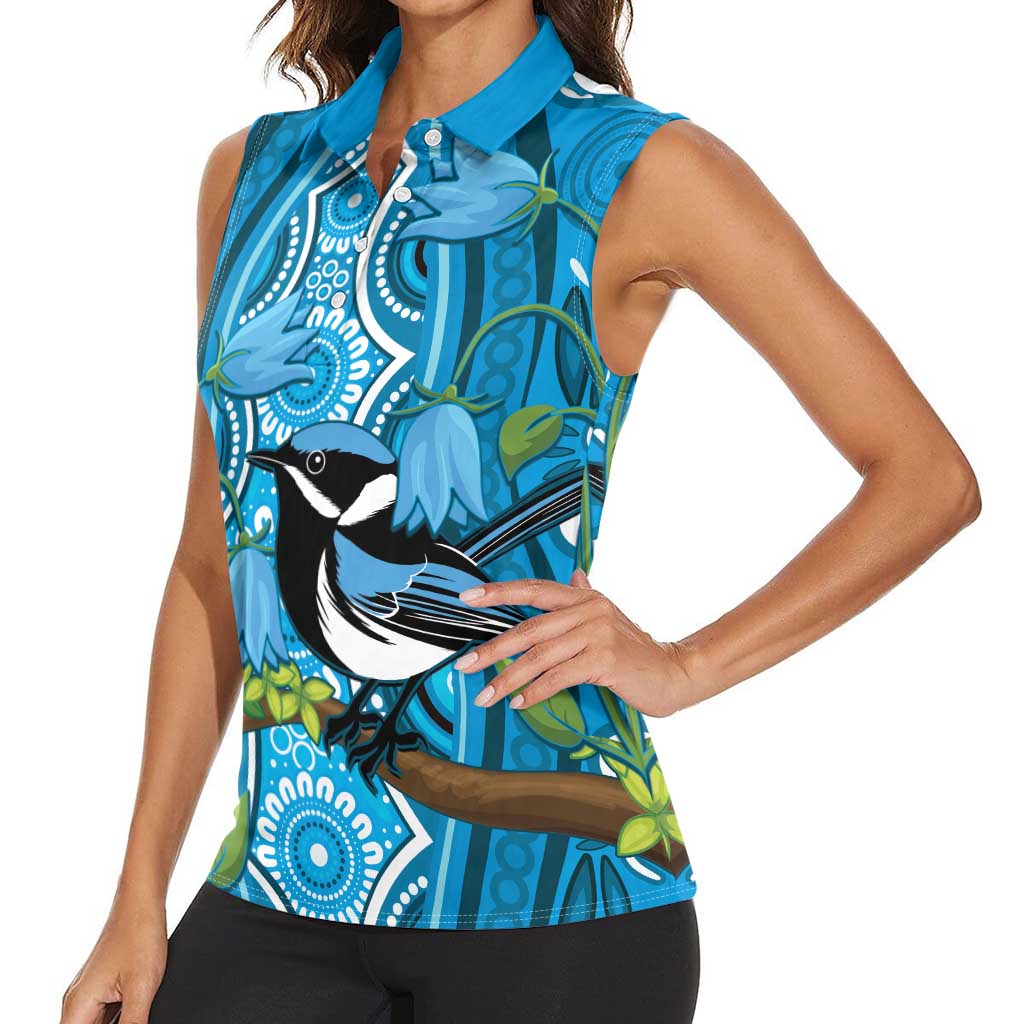 Australia Bluebell Creeper With Superb Blue Wren Women Sleeveless Polo Shirt Aboriginal Art