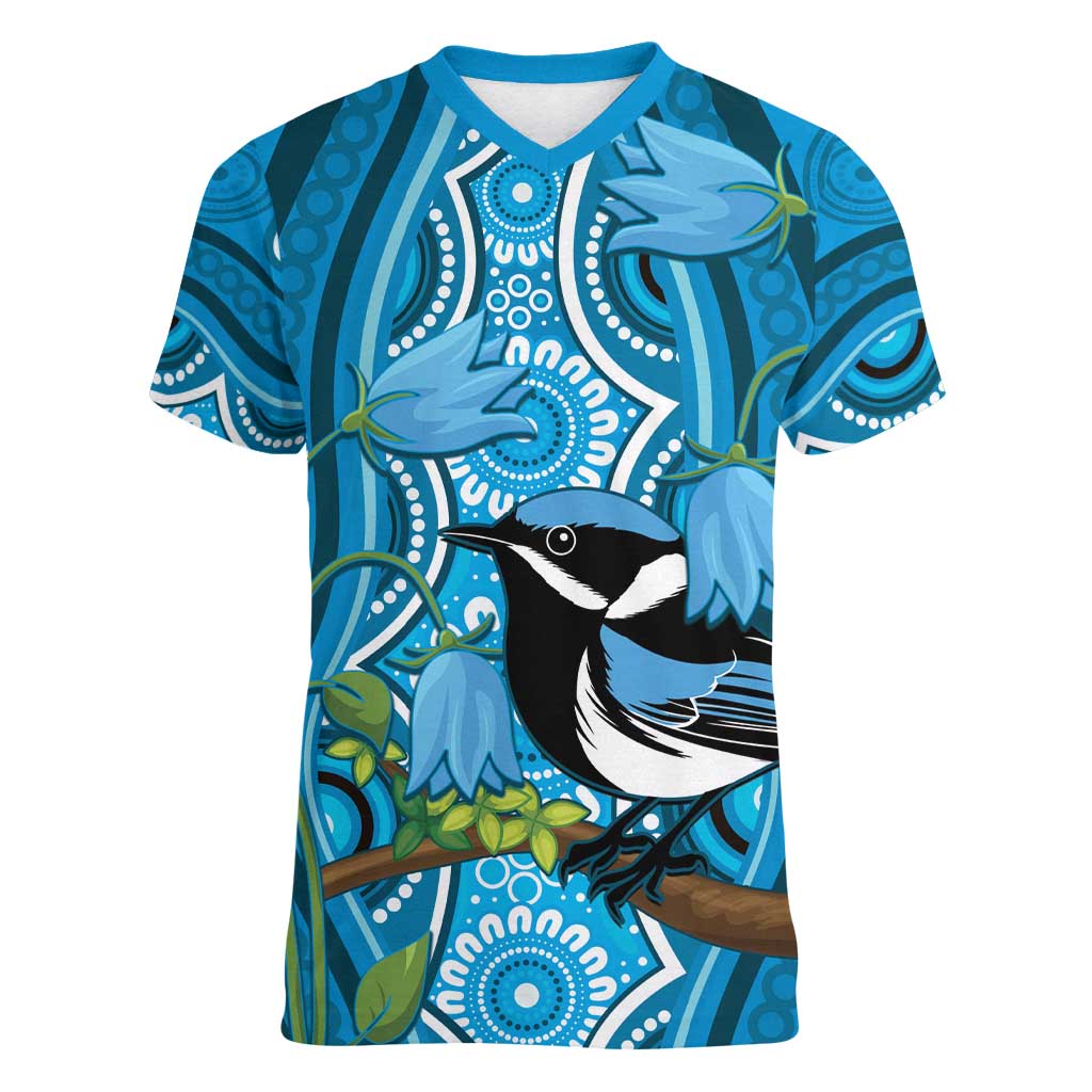Australia Bluebell Creeper With Superb Blue Wren Women V-Neck T-Shirt Aboriginal Art