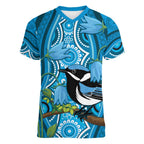 Australia Bluebell Creeper With Superb Blue Wren Women V-Neck T-Shirt Aboriginal Art
