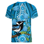 Australia Bluebell Creeper With Superb Blue Wren Women V-Neck T-Shirt Aboriginal Art