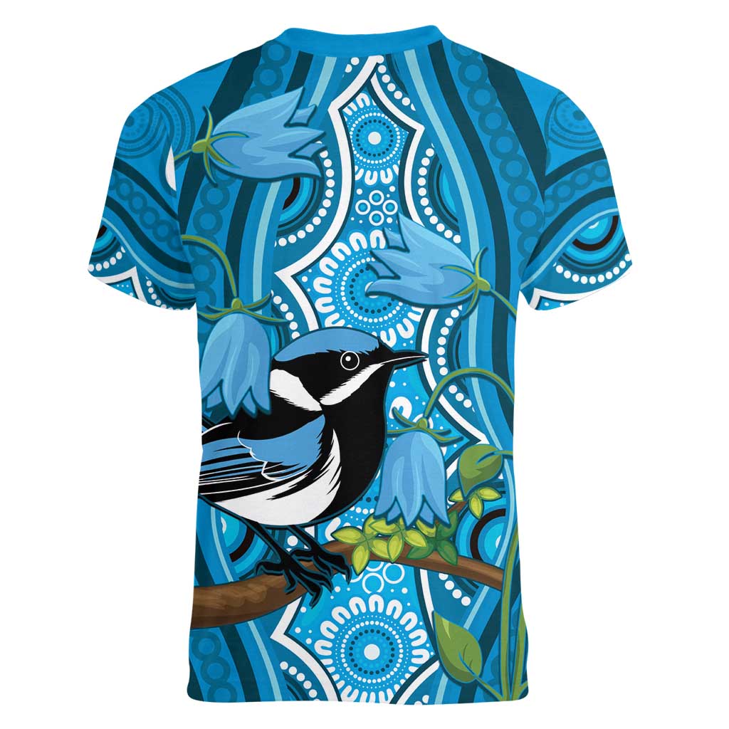 Australia Bluebell Creeper With Superb Blue Wren Women V-Neck T-Shirt Aboriginal Art