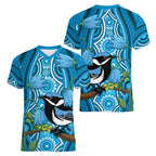 Australia Bluebell Creeper With Superb Blue Wren Women V-Neck T-Shirt Aboriginal Art
