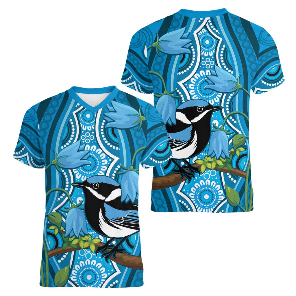 Australia Bluebell Creeper With Superb Blue Wren Women V-Neck T-Shirt Aboriginal Art