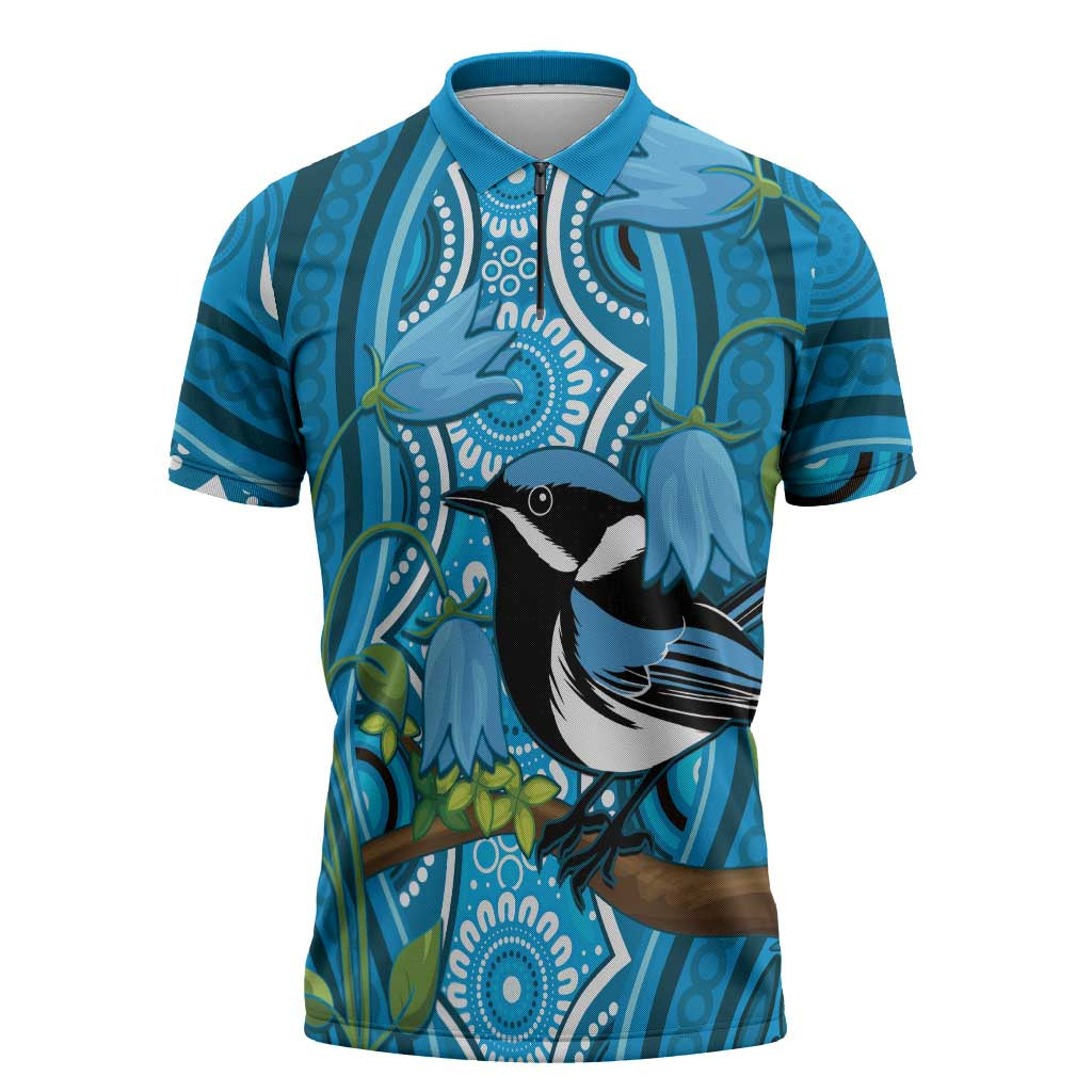 Australia Bluebell Creeper With Superb Blue Wren Zipper Polo Shirt Aboriginal Art - Aussie Hoodie