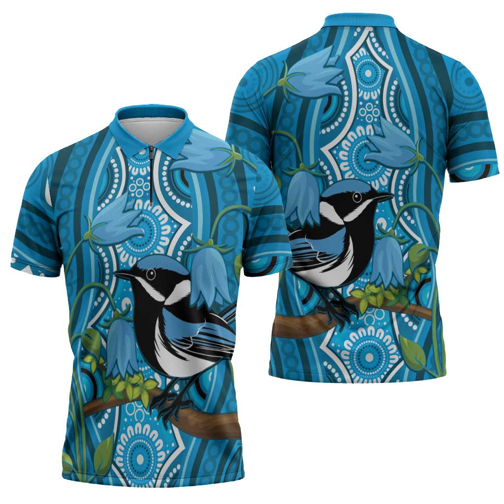 Australia Bluebell Creeper With Superb Blue Wren Zipper Polo Shirt Aboriginal Art - Aussie Hoodie