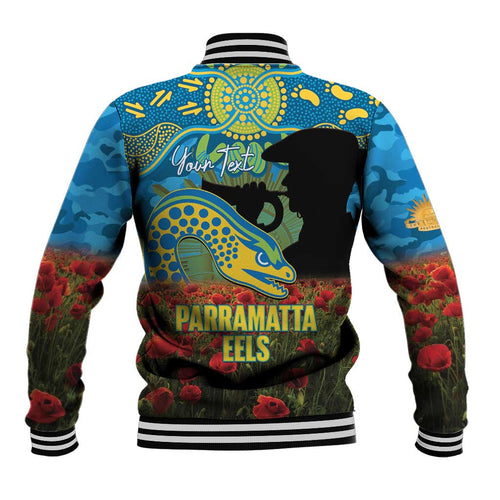 Personalised Parramatta Eels Rugby ANZAC Day Baseball Jacket Last Post Poppy We Will Remember Them