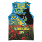 Personalised Parramatta Eels Rugby ANZAC Day Basketball Jersey Last Post Poppy We Will Remember Them