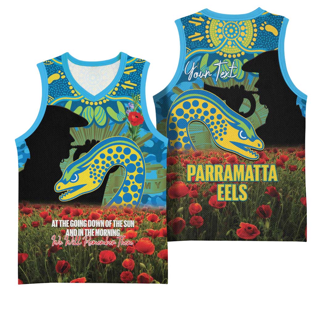 Personalised Parramatta Eels Rugby ANZAC Day Basketball Jersey Last Post Poppy We Will Remember Them