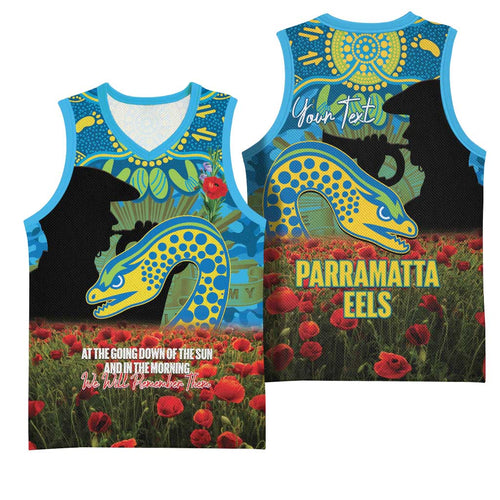Personalised Parramatta Eels Rugby ANZAC Day Basketball Jersey Last Post Poppy We Will Remember Them