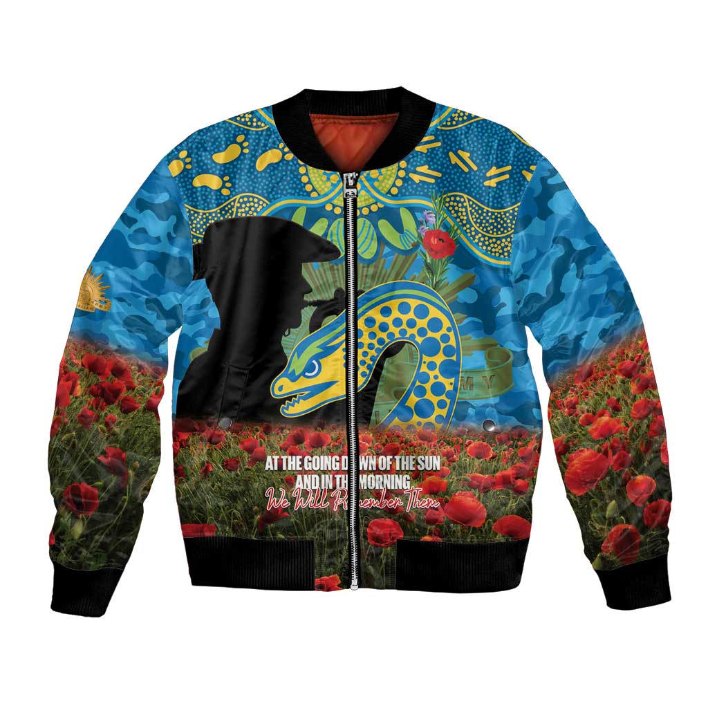 Personalised Parramatta Eels Rugby ANZAC Day Bomber Jacket Last Post Poppy We Will Remember Them