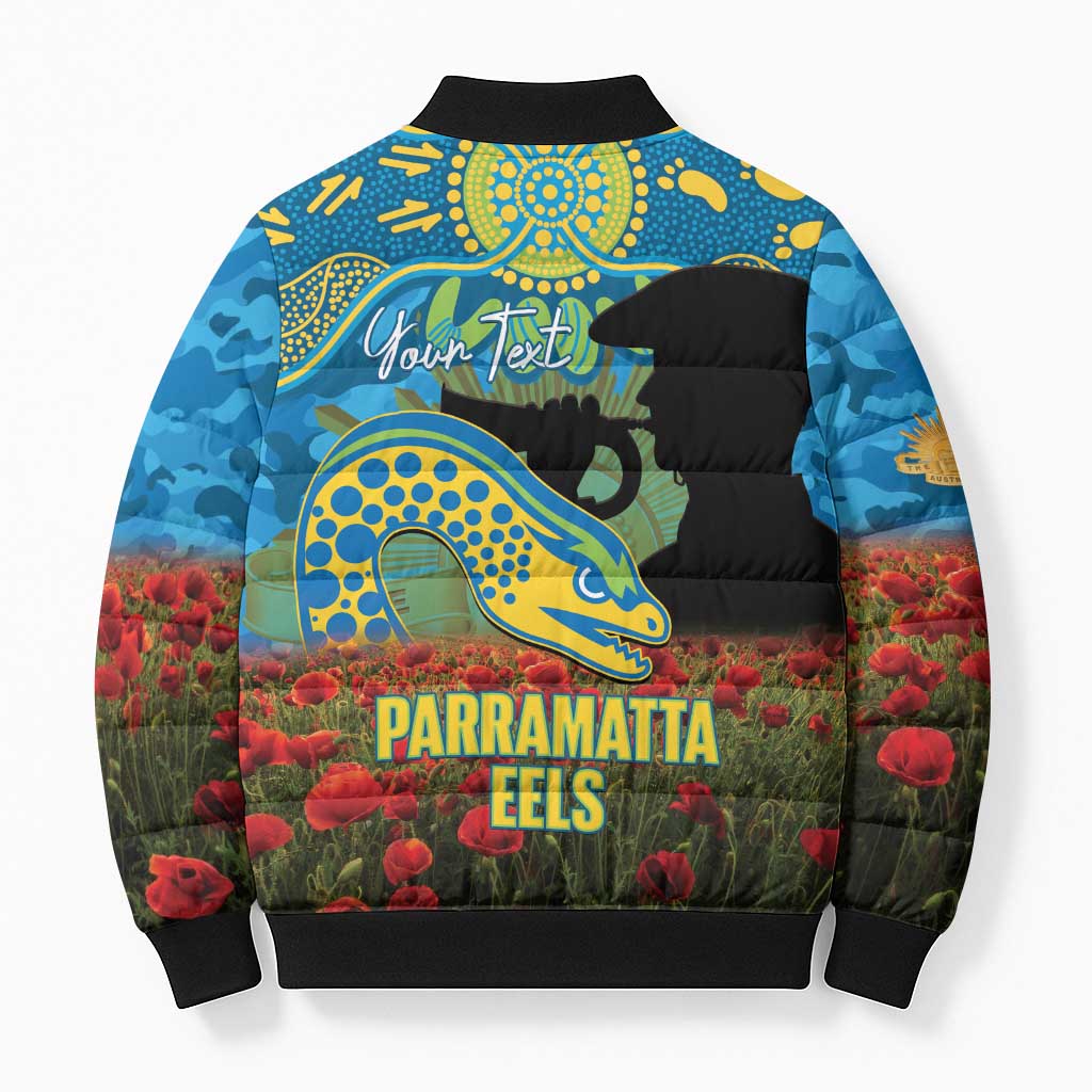 Personalised Parramatta Eels Rugby ANZAC Day Bomber Puffer Jacket Last Post Poppy We Will Remember Them