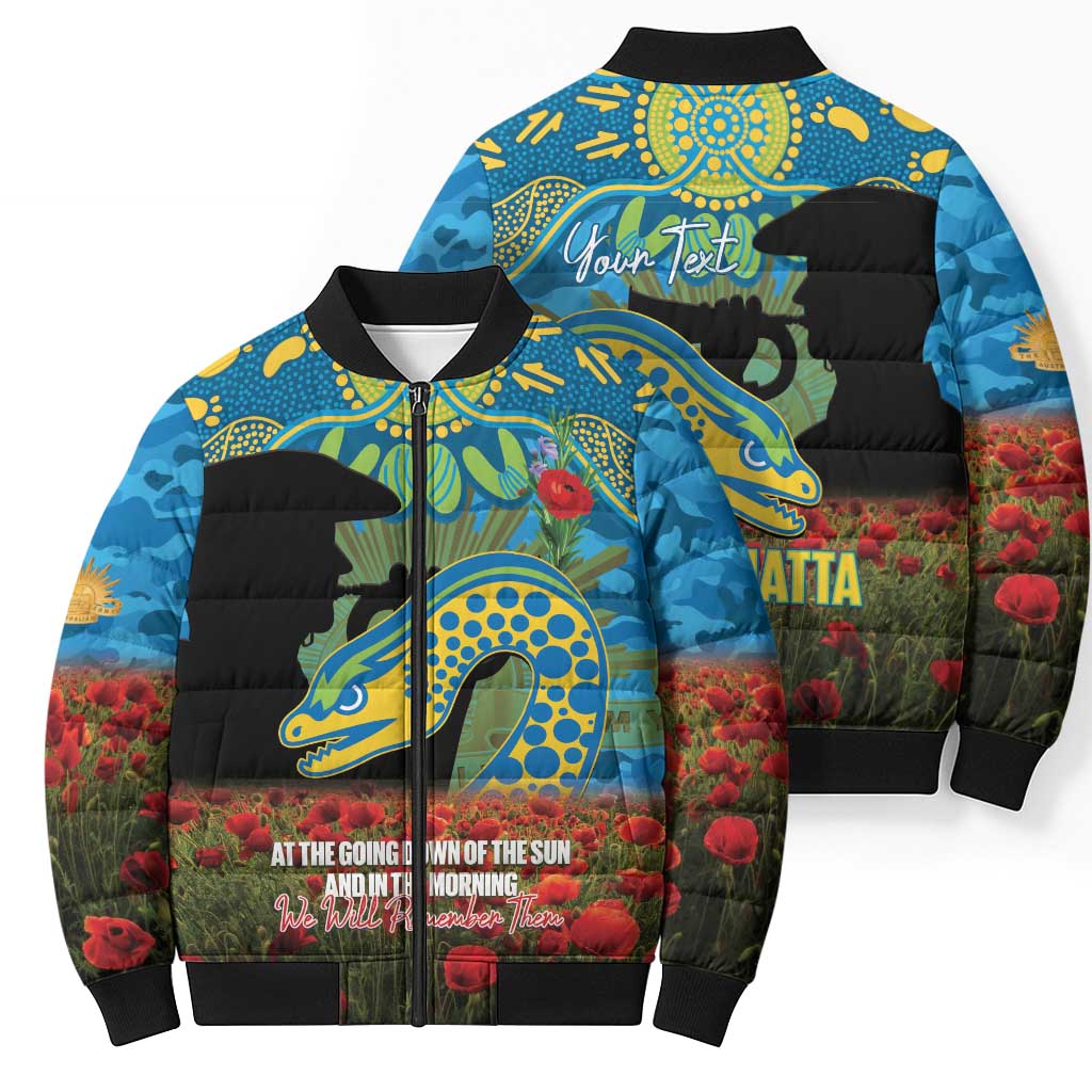 Personalised Parramatta Eels Rugby ANZAC Day Bomber Puffer Jacket Last Post Poppy We Will Remember Them