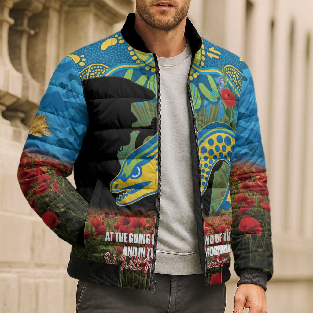 Personalised Parramatta Eels Rugby ANZAC Day Bomber Puffer Jacket Last Post Poppy We Will Remember Them