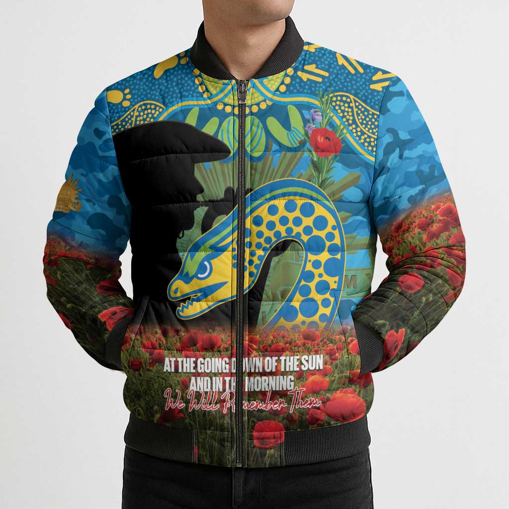 Personalised Parramatta Eels Rugby ANZAC Day Bomber Puffer Jacket Last Post Poppy We Will Remember Them