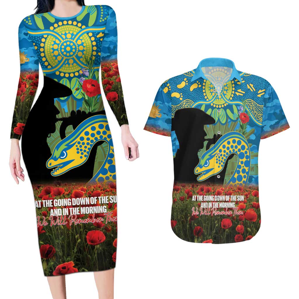 Personalised Parramatta Eels Rugby ANZAC Day Couples Matching Long Sleeve Bodycon Dress and Hawaiian Shirt Last Post Poppy We Will Remember Them