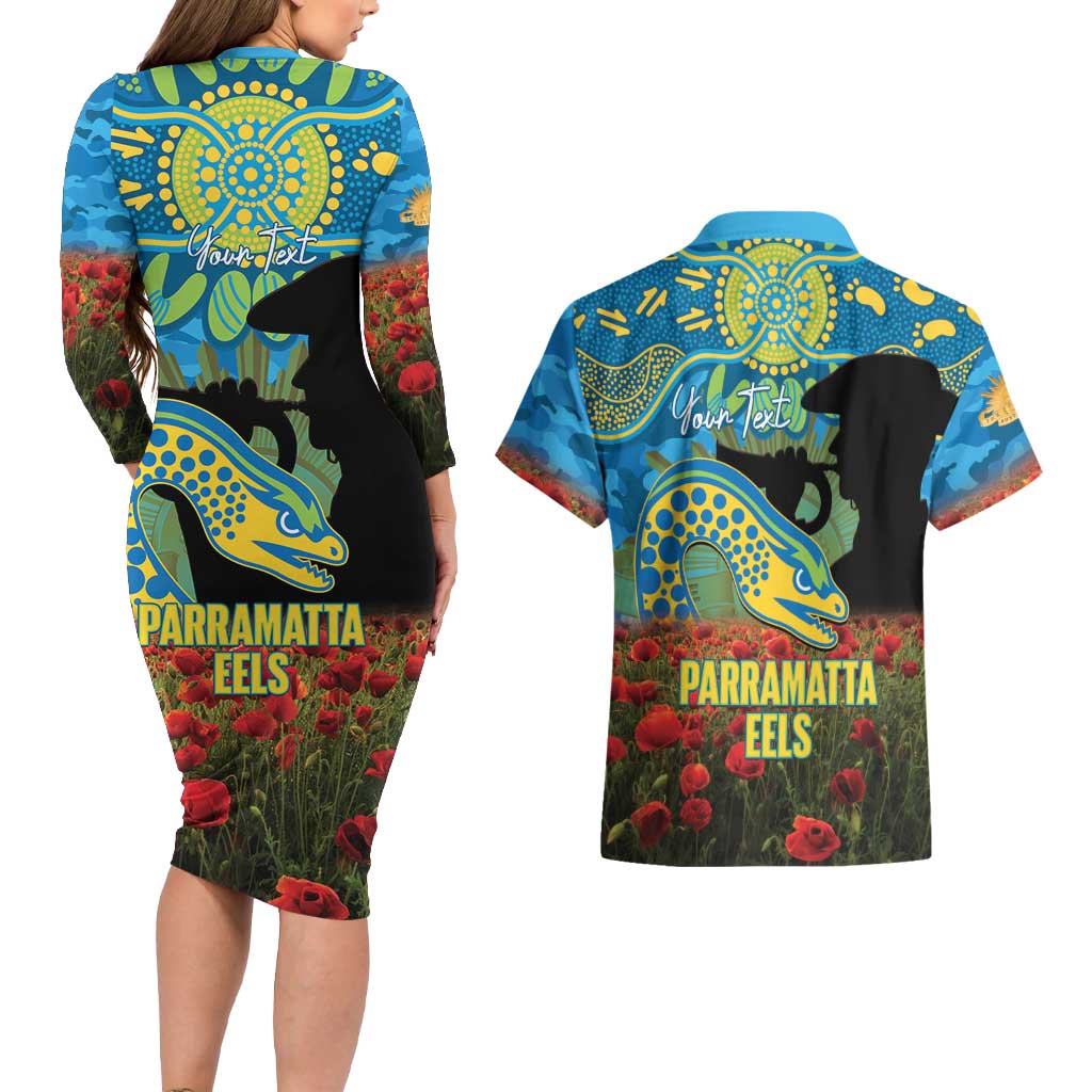 Personalised Parramatta Eels Rugby ANZAC Day Couples Matching Long Sleeve Bodycon Dress and Hawaiian Shirt Last Post Poppy We Will Remember Them