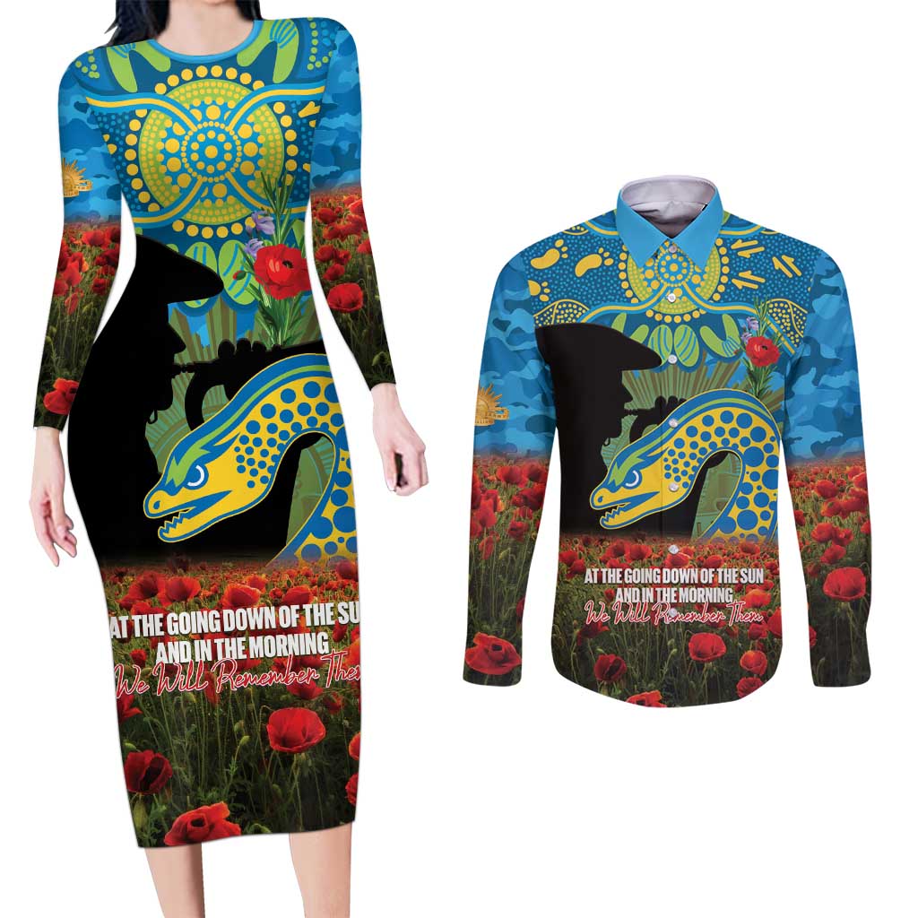 Personalised Parramatta Eels Rugby ANZAC Day Couples Matching Long Sleeve Bodycon Dress and Long Sleeve Button Shirt Last Post Poppy We Will Remember Them