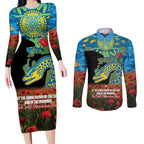 Personalised Parramatta Eels Rugby ANZAC Day Couples Matching Long Sleeve Bodycon Dress and Long Sleeve Button Shirt Last Post Poppy We Will Remember Them