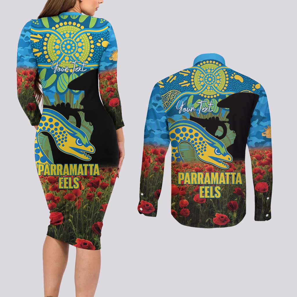 Personalised Parramatta Eels Rugby ANZAC Day Couples Matching Long Sleeve Bodycon Dress and Long Sleeve Button Shirt Last Post Poppy We Will Remember Them